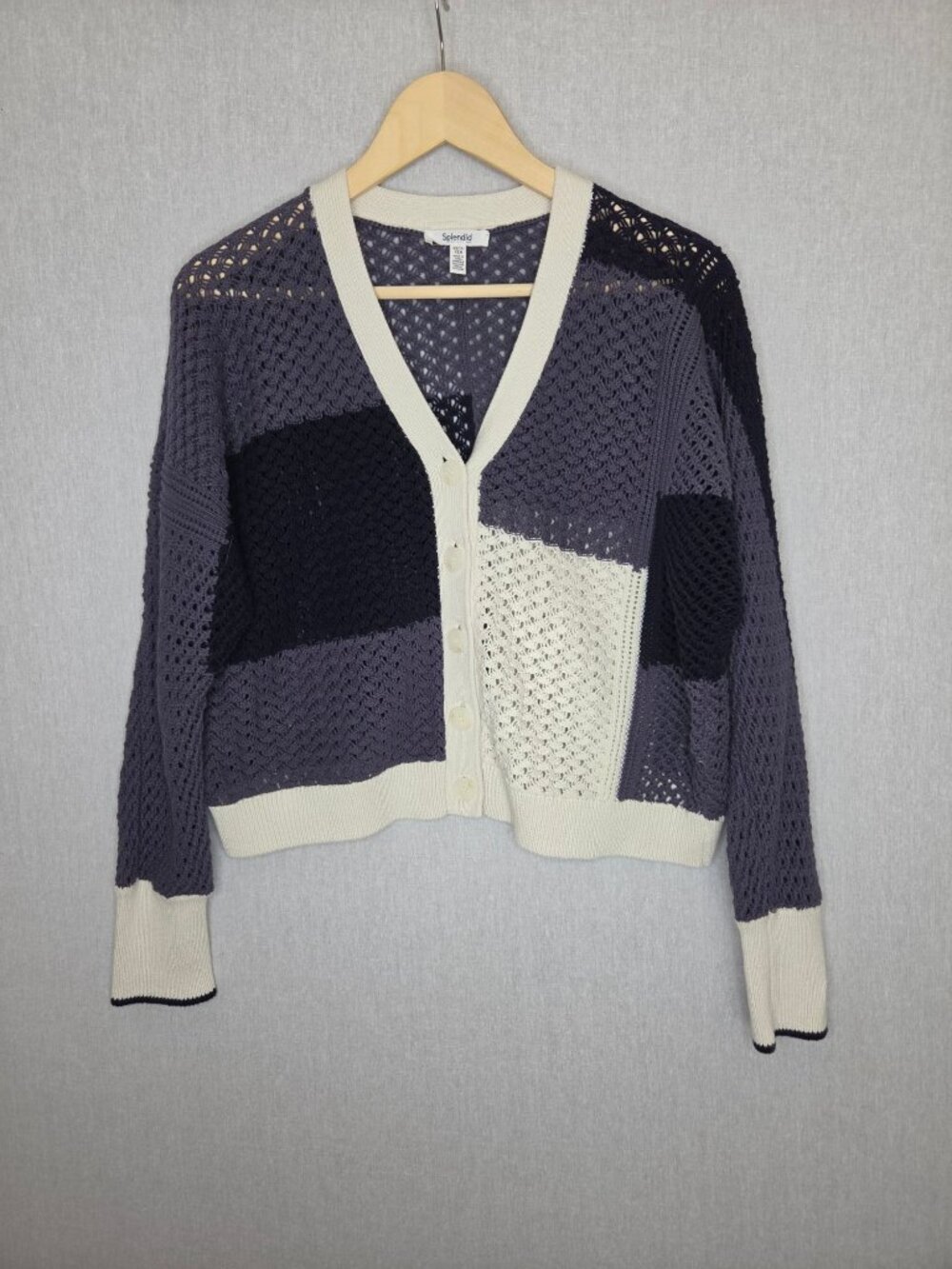 💙 Splendid Oversized Crochet Cotton Open Knit Colorblock Size XS/S/M Cardigan